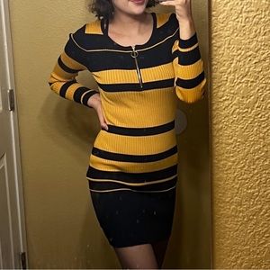 Navy and yellow body con long sleeve ribbed dress